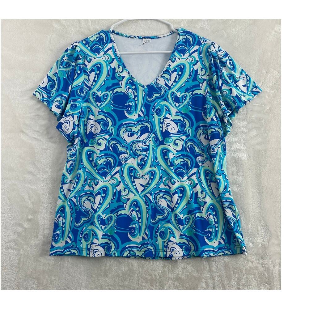 Lulu B Blue Heart Top XL V-Neck Coastal Beachy Classy
